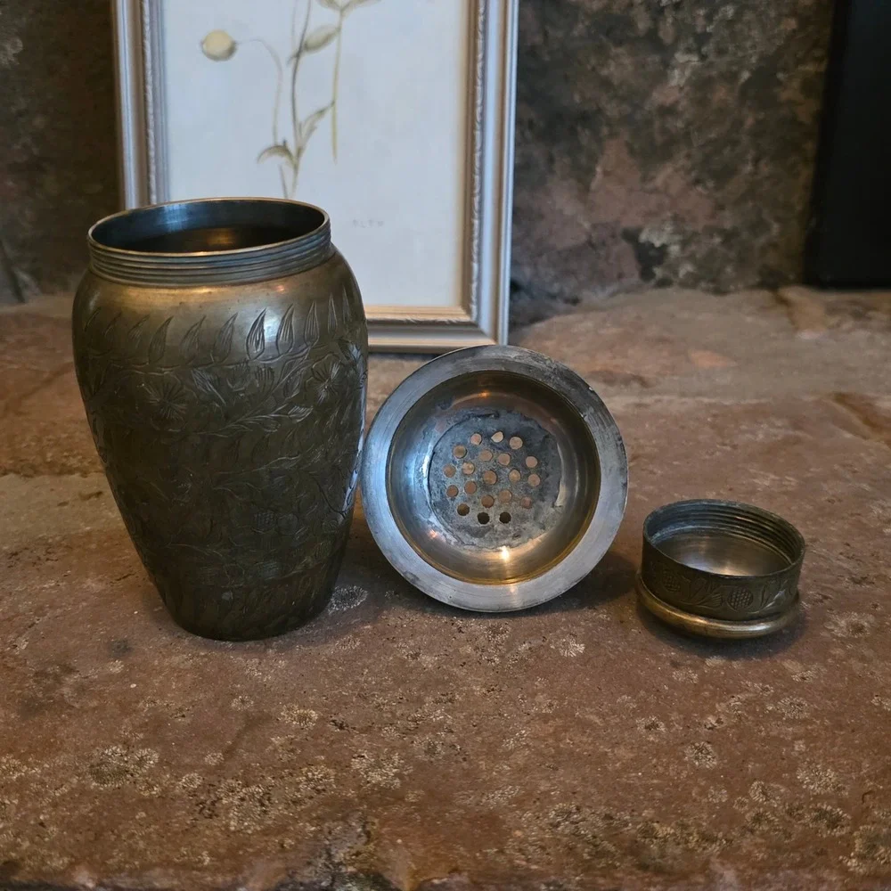 Vintage Etched Brass Martini Shaker Floral Hand Engraved 3 Piece Cobbler Shaker